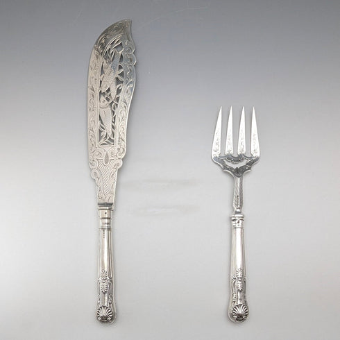 1850 British antique pure silver fish server pair, 370g total, HJ Lias&Son
