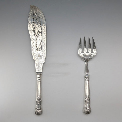 1850 British antique pure silver fish server pair, 370g total, HJ Lias&Son