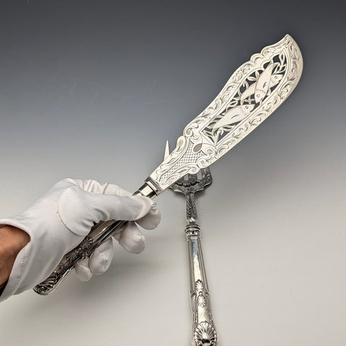 1850 British antique pure silver fish server pair, 370g total, HJ Lias&Son