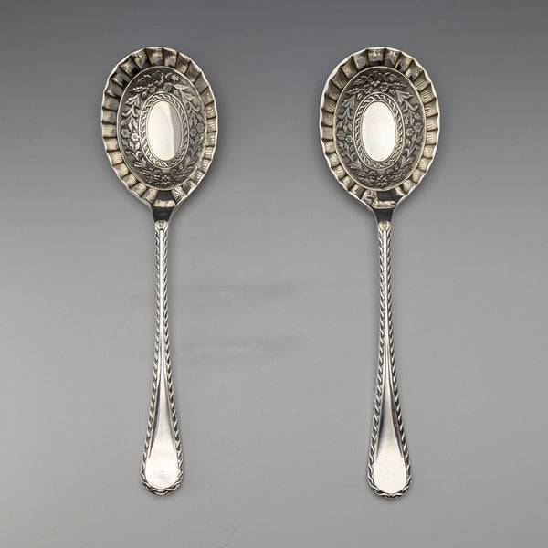 1916 British antique silver plate serving spoon pair