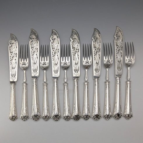 1860年頃 英国アンティーク 純銀ハンドル フィッシュカトラリー 6ペア Aaron Hadfield