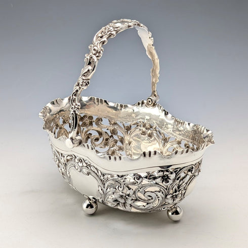 1896 British antique sterling silver basket with earrings and movable handles, 159g, John Round