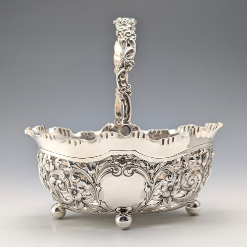 1896 British antique sterling silver basket with earrings and movable handles, 159g, John Round