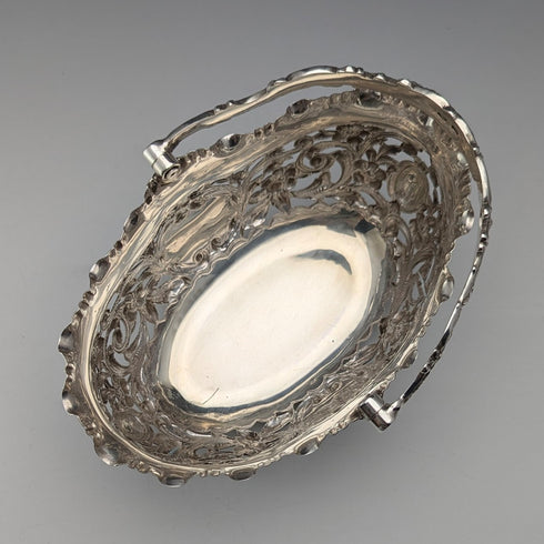 1896 British antique sterling silver basket with earrings and movable handles, 159g, John Round