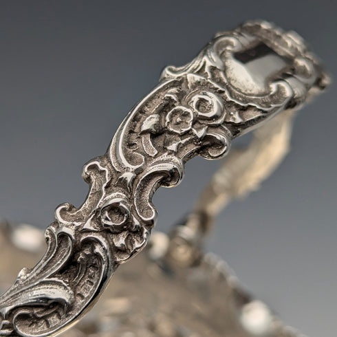 1896 British antique sterling silver basket with earrings and movable handles, 159g, John Round