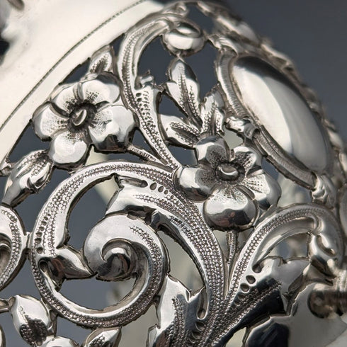 1896 British antique sterling silver basket with earrings and movable handles, 159g, John Round