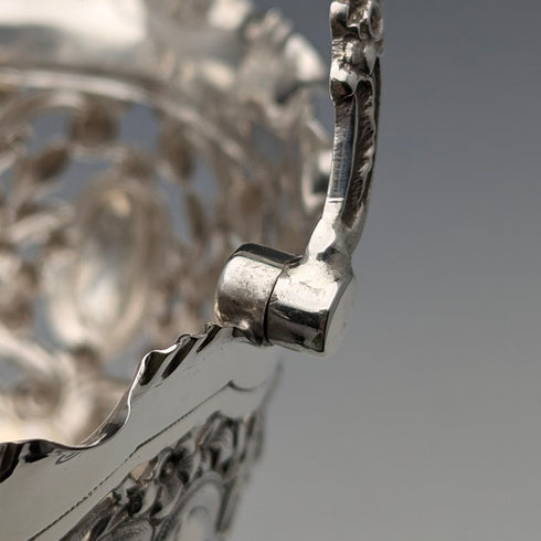 1896 British antique sterling silver basket with earrings and movable handles, 159g, John Round