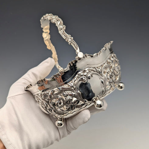 1896 British antique sterling silver basket with earrings and movable handles, 159g, John Round