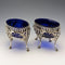 1880 British antique sterling silver footed dish pair with cobalt glass liner, Dobson & Sons