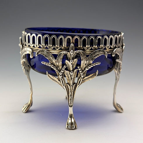 1880年 英国アンティーク 純銀製 脚付きディッシュペア コバルトガラスライナー Dobson&Sons