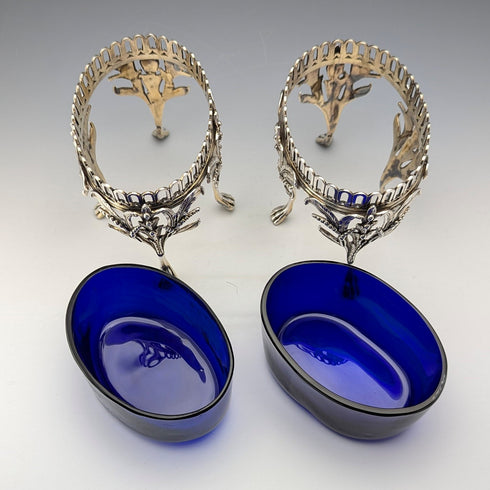 1880 British antique sterling silver footed dish pair with cobalt glass liner, Dobson & Sons