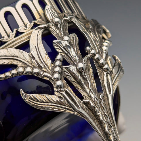 1880 British antique sterling silver footed dish pair with cobalt glass liner, Dobson & Sons