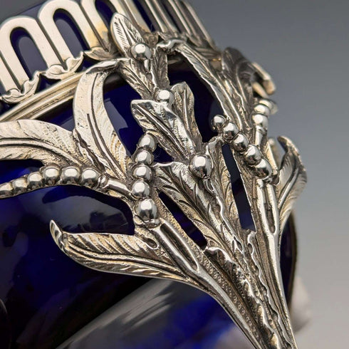 1880年 英国アンティーク 純銀製 脚付きディッシュペア コバルトガラスライナー Dobson&Sons