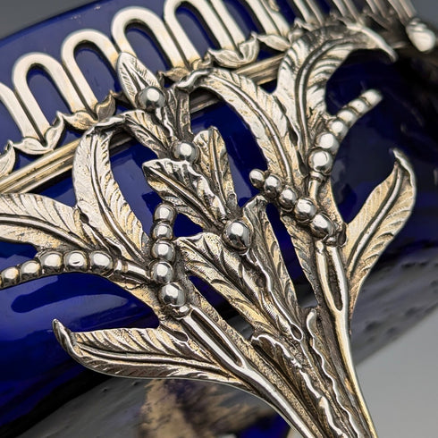 1880 British antique sterling silver footed dish pair with cobalt glass liner, Dobson & Sons