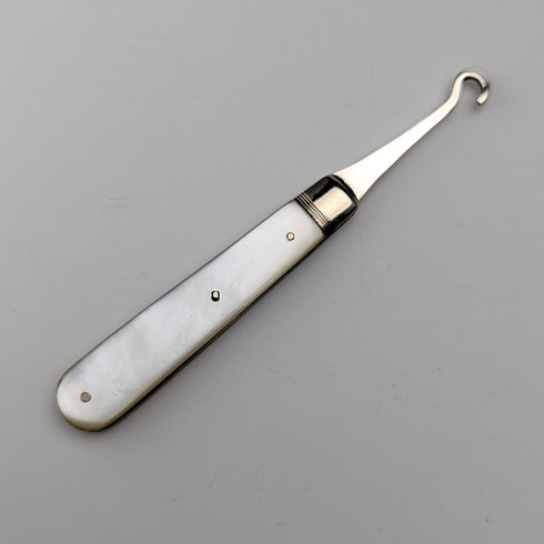 1904 British antique white mother-of-pearl handle and pure silver button hook by John Holmes