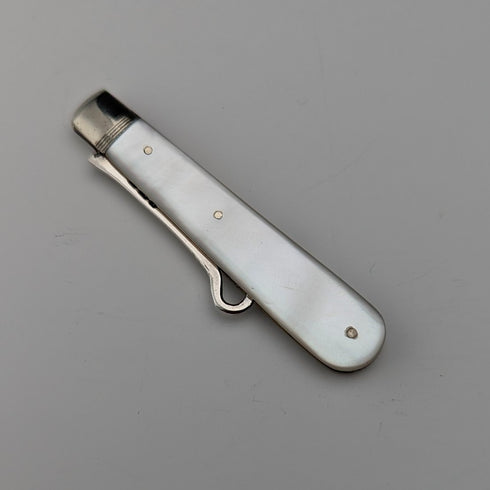 1904 British antique white mother-of-pearl handle and pure silver button hook by John Holmes