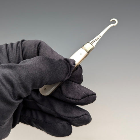 1904 British antique white mother-of-pearl handle and pure silver button hook by John Holmes