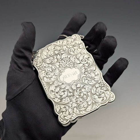 1847 British antique sterling silver card case with chain, 80g, Nathaniel Mills