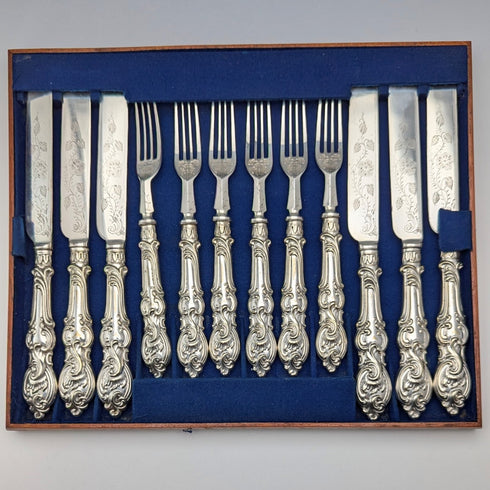 1882 British Antique Silver Plate Cutlery Set of 6 Pairs with Carved Blades, Elkington