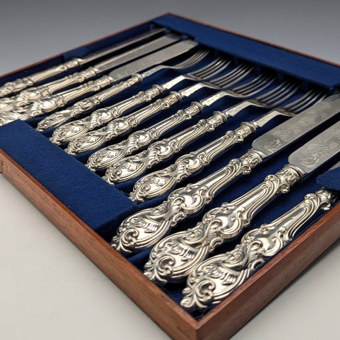 1882 British Antique Silver Plate Cutlery Set of 6 Pairs with Carved Blades, Elkington