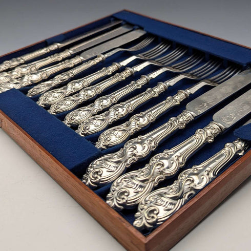 1882年 英国アンティーク シルバープレート カトラリー6ペアセット 彫刻ブレード Elkington