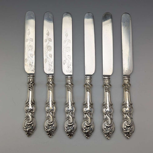 1882年 英国アンティーク シルバープレート カトラリー6ペアセット 彫刻ブレード Elkington