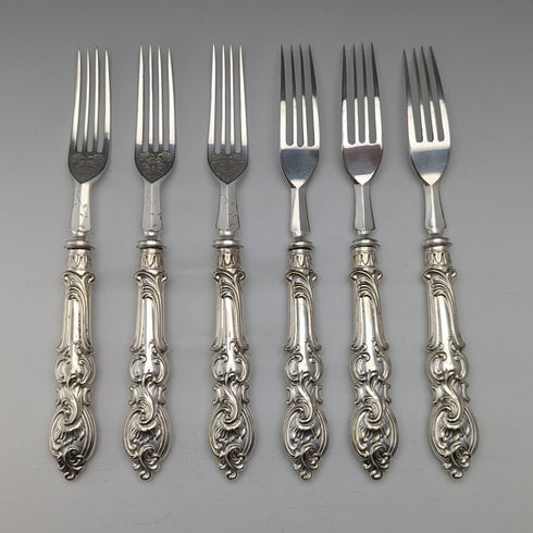 1882 British Antique Silver Plate Cutlery Set of 6 Pairs with Carved Blades, Elkington