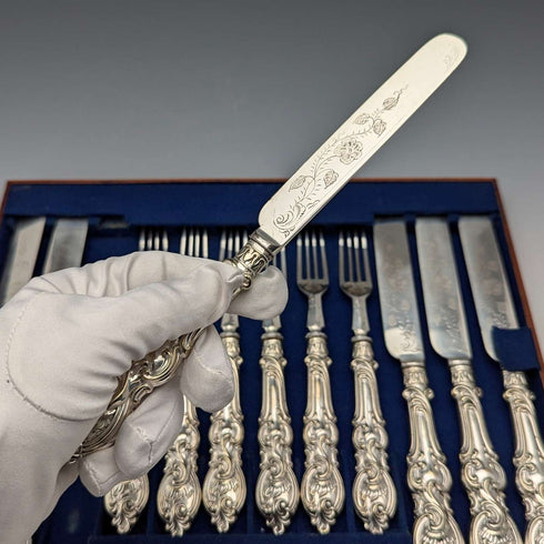 1882年 英国アンティーク シルバープレート カトラリー6ペアセット 彫刻ブレード Elkington