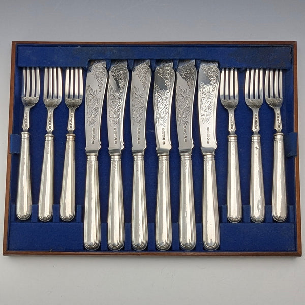 Circa 1870 British antique pure silver fish cutlery set of 6 pairs, total weight 624g, John Gilbert