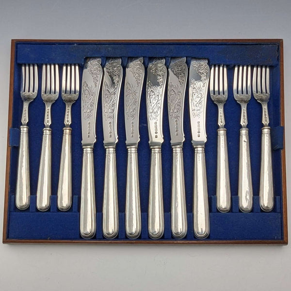 1870年頃 英国アンティーク 総純銀製 フィッシュカトラリー6ペアセット 計624g John Gilbert