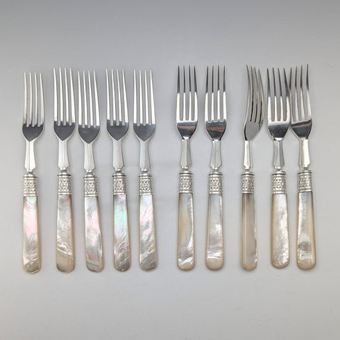 1881年頃 英国アンティーク 白蝶貝ハンドル デザートカトラリー10ペアセット 木箱入り