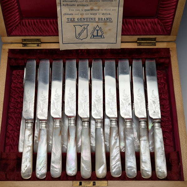 1890 British antique white mother-of-pearl handle dessert cutlery set of 10 in wooden box