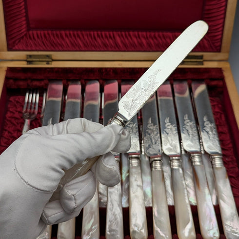 1890年頃 英国アンティーク 白蝶貝ハンドル デザートカトラリー10ペアセット 木箱入り