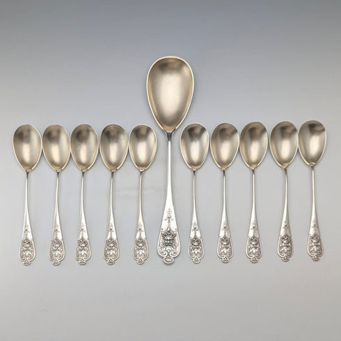 German antique continental silver spoon set of 10 + 1, total weight 205g
