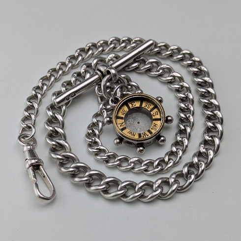 Circa 1900 British antique sterling silver Albert chain, 25g sterling silver compass fob