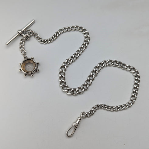Circa 1900 British antique sterling silver Albert chain, 25g sterling silver compass fob