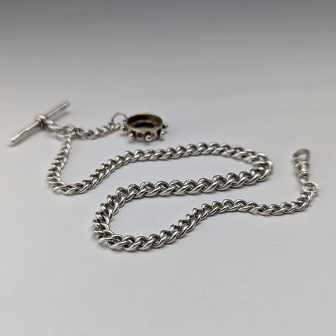 Circa 1900 British antique sterling silver Albert chain, 25g sterling silver compass fob