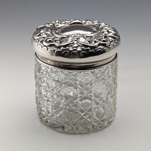 1902 British antique pure silver lid cut glass jar WJ Myatt & Co