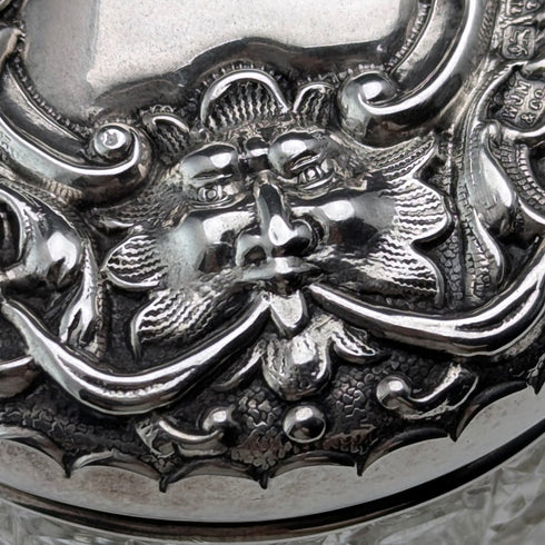 1902 British antique pure silver lid cut glass jar WJ Myatt & Co