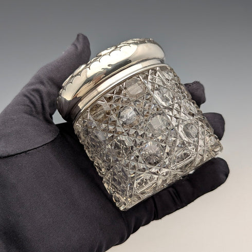 1902 British antique pure silver lid cut glass jar WJ Myatt & Co