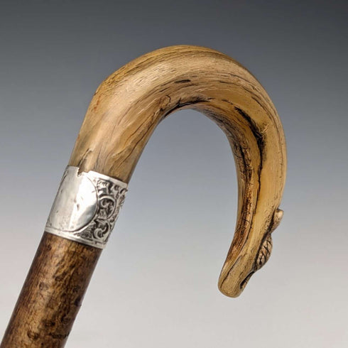 1899年 英国アンティーク 紳士用 純銀装飾 ホーンハンドル ステッキ 杖 101cm