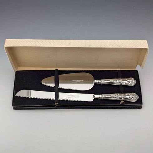 1960 British Vintage Sterling Silver Handle Cake Slicer & Bread Knife Harrison Brothers