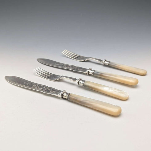 1877 British antique white mother-of-pearl handle, pure silver blade fish cutlery, 2 pairs, William Hutton & Sons