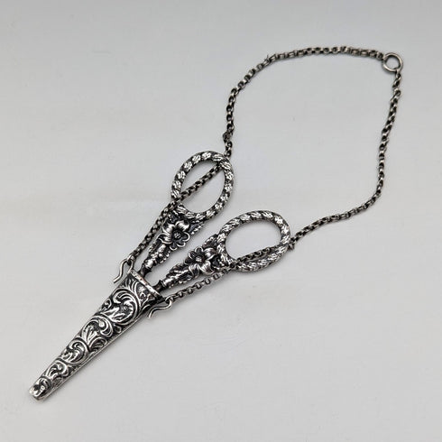 Antique early 19th century sterling silver chatelaine sewing scissors with case