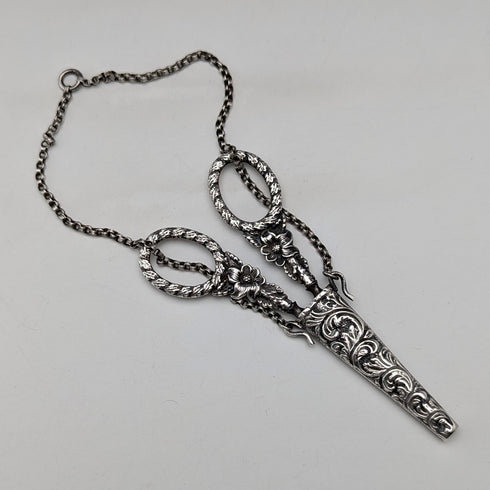 Antique early 19th century sterling silver chatelaine sewing scissors with case