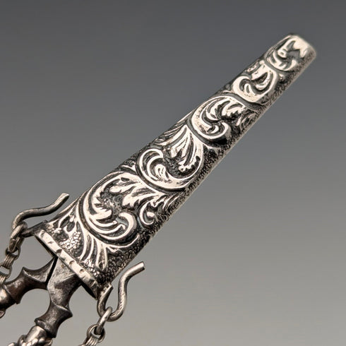 Antique early 19th century sterling silver chatelaine sewing scissors with case