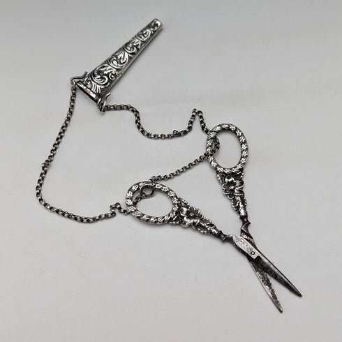 Antique early 19th century sterling silver chatelaine sewing scissors with case