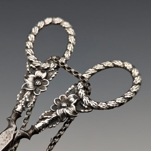 Antique early 19th century sterling silver chatelaine sewing scissors with case