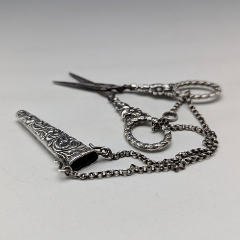 Antique early 19th century sterling silver chatelaine sewing scissors with case