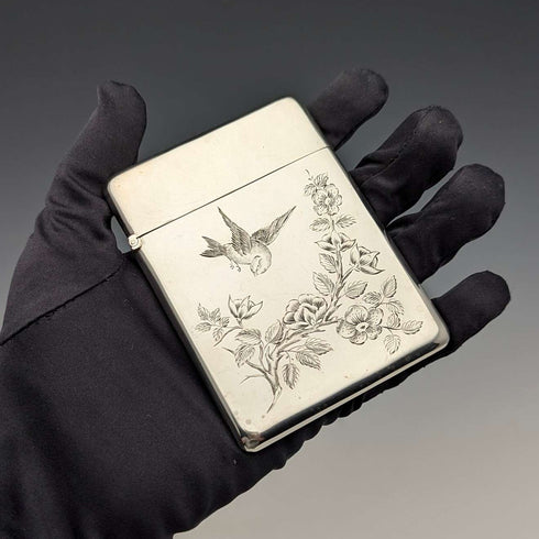 1897 British antique sterling silver card case with Japonism decoration, 75g, Mappin & Webb